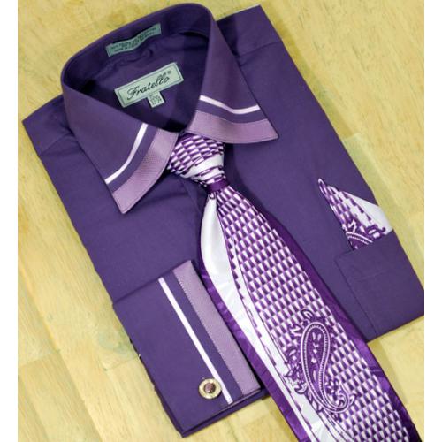 Fratello Violet With Lavender Trimming Shirt/Tie/Hanky Set With Free Cuff links FRV4107P2